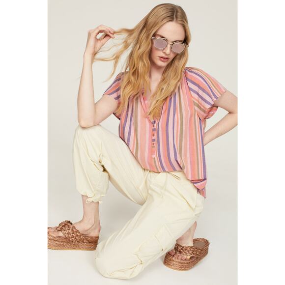 XíRENA Striped Pattern Short sleeves Split Neck Button‎ Front Kimber Top Size L - Picture 2 of 9